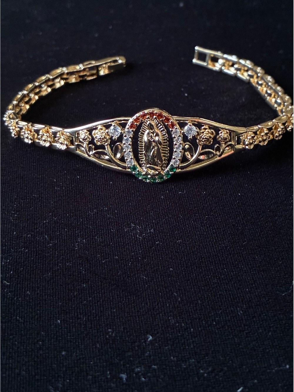 Virgen de Guadalupe Tri-Color Gold Plated Filigree Rose Bracelet 7”